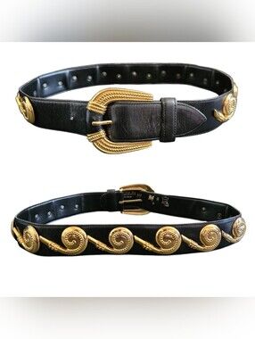 Vintage 80's Avignon Spain Black Leather & Gold Ornate  Horn Statement Belt S